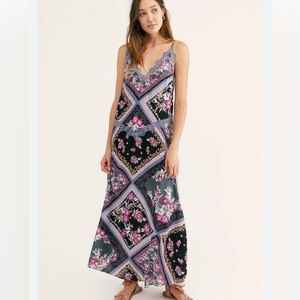 Free People Stevie Maxi Slip Dress Purple Gray Floral and Lace Size M Boho Flowy